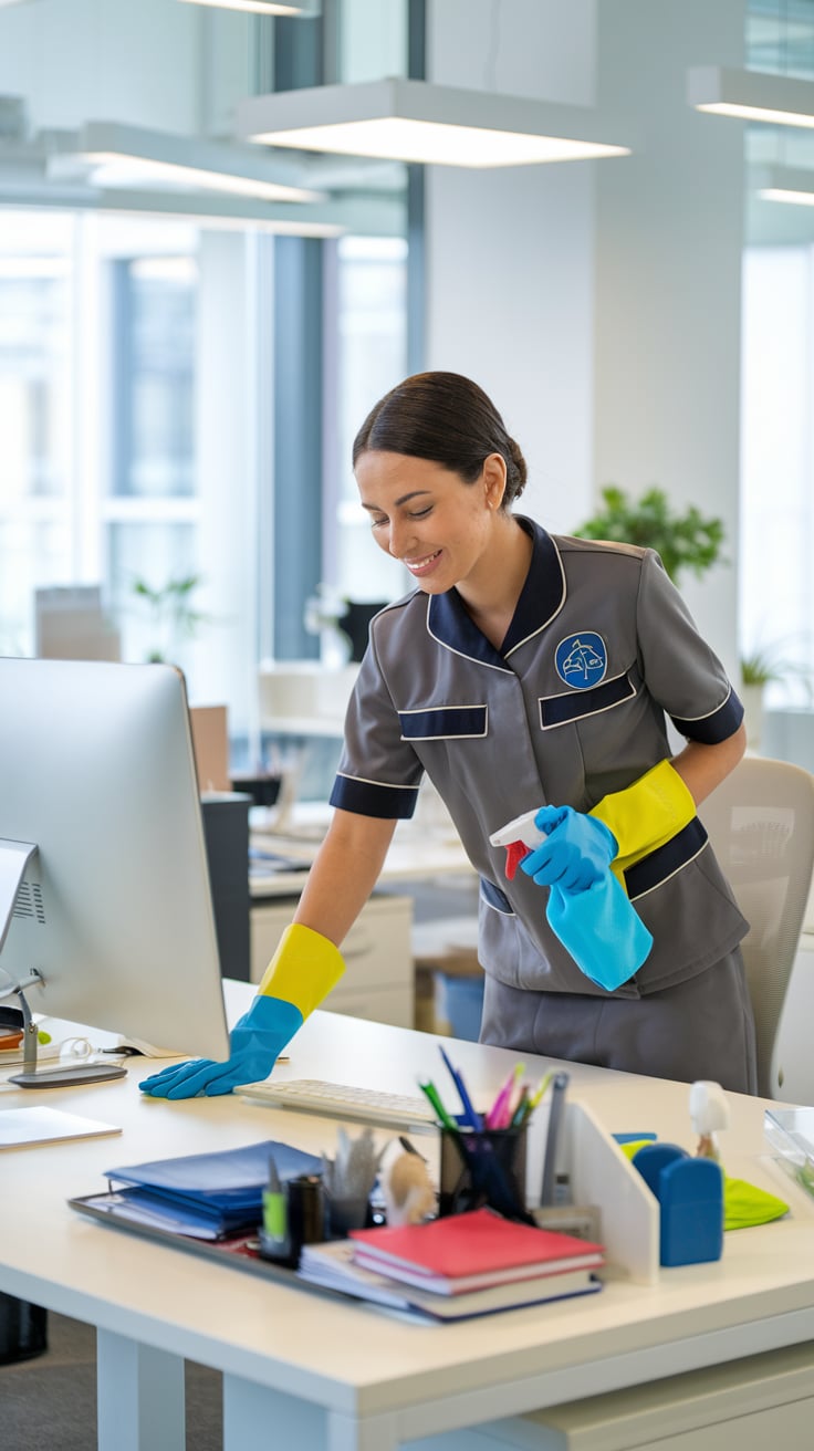 Une femme de ménage souriante nettoie un bureau dans un environnement professionnel. Elle porte une tenue de travail grise avec des gants bleus et jaunes, tenant un spray et un chiffon, tout en travaillant sur un bureau organisé.
