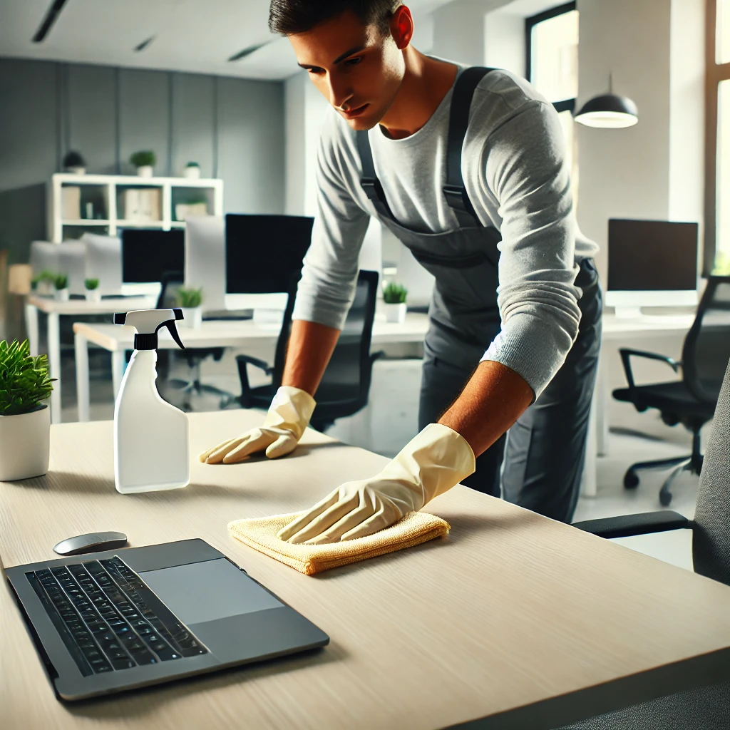 Employé nettoyant une surface de bureau avec un chiffon en microfibre dans un bureau propre.