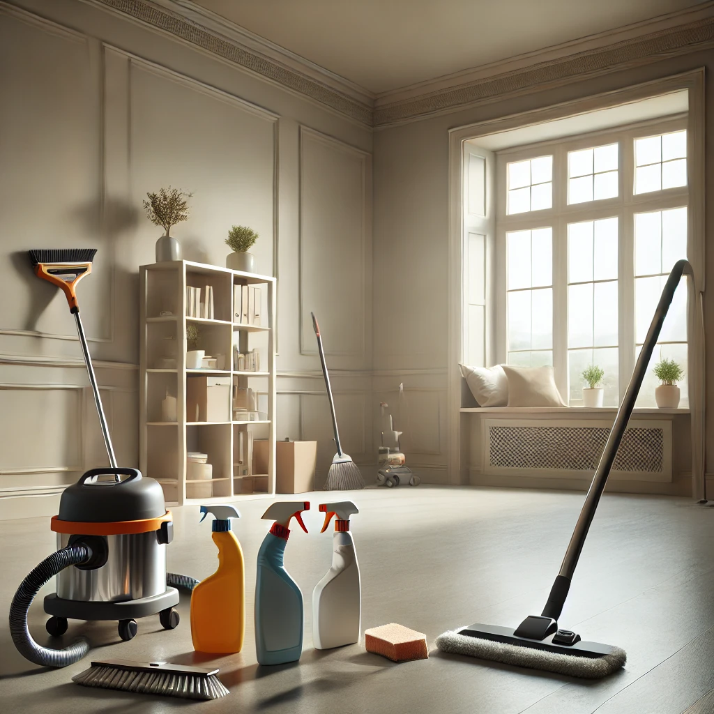 Nettoyage d’une pièce après des travaux de rénovation avec des outils professionnels