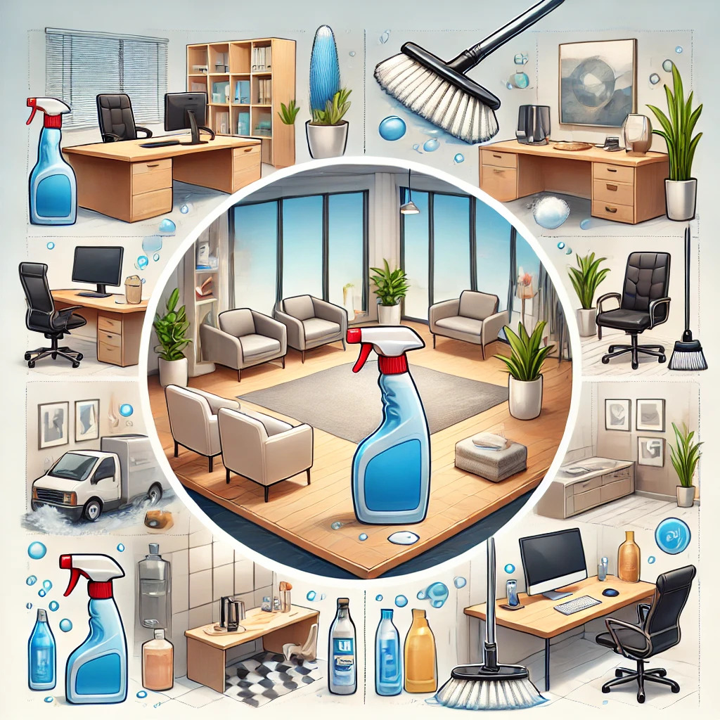 Illustration d'une maison et d'un bureau propres, mettant en évidence des erreurs courantes dans le nettoyage comme l'utilisation d'un seul produit pour différentes surfaces, la négligence des coins, et l'excès de produit. Des outils de nettoyage adaptés sont également montrés.